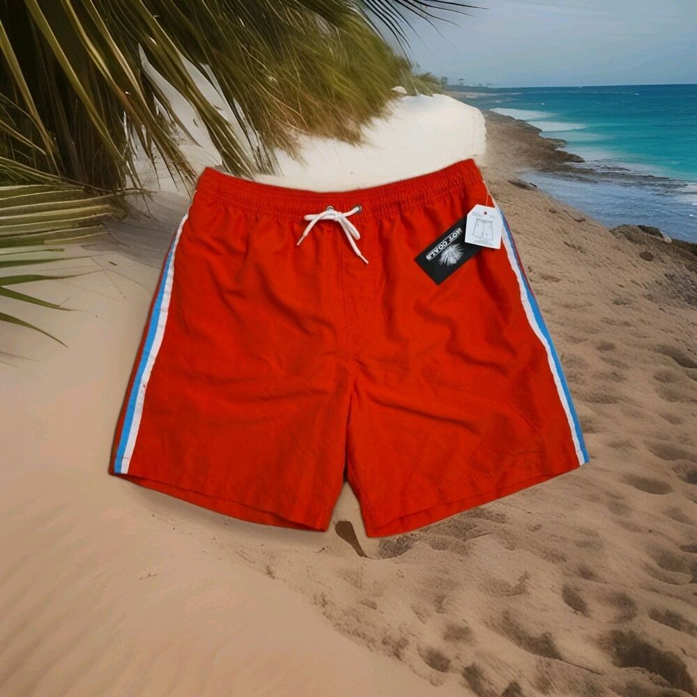 Hot Coals Men’s Swim Shorts Red M Quick-Dry UPF 50 Mesh‎ Lined Bathing Suit